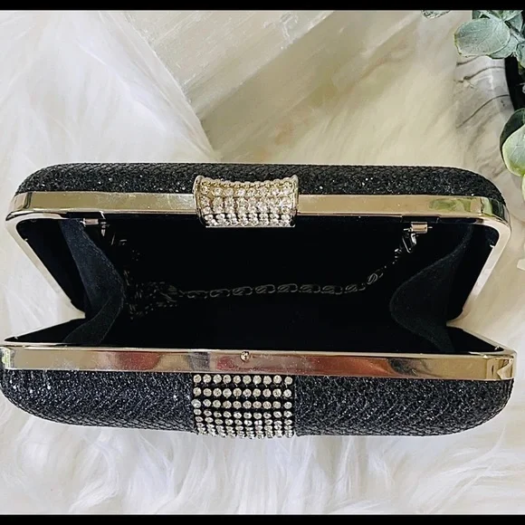 CRYSTAL ENCRUSTED EVENING BAG beaded EVENING BAG black w chain TIMELESS CLASSIC - Picture 4 of 10